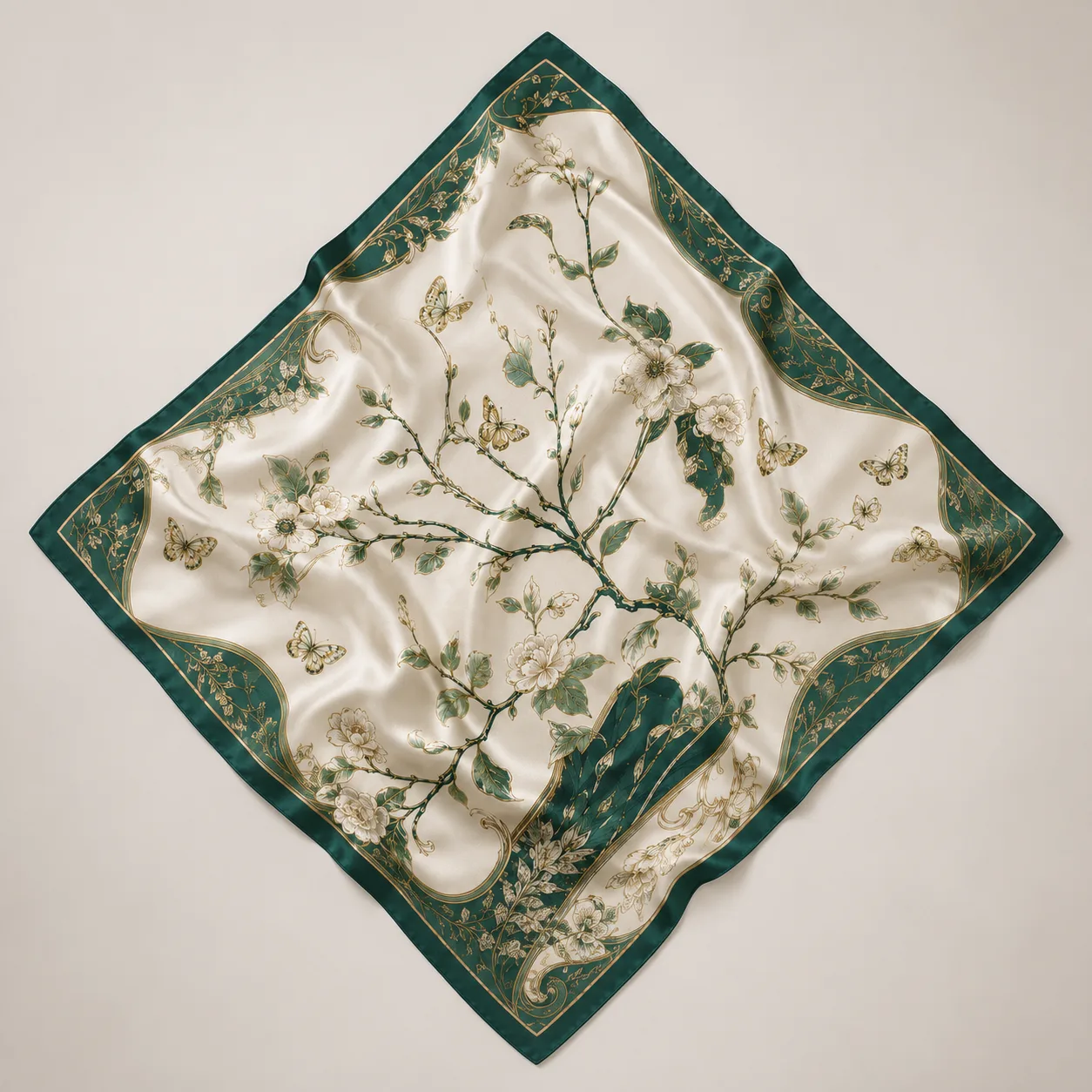 Maison Élivra 方巾：象牙底色的花枝與蝴蝶圖案，翡翠綠邊框