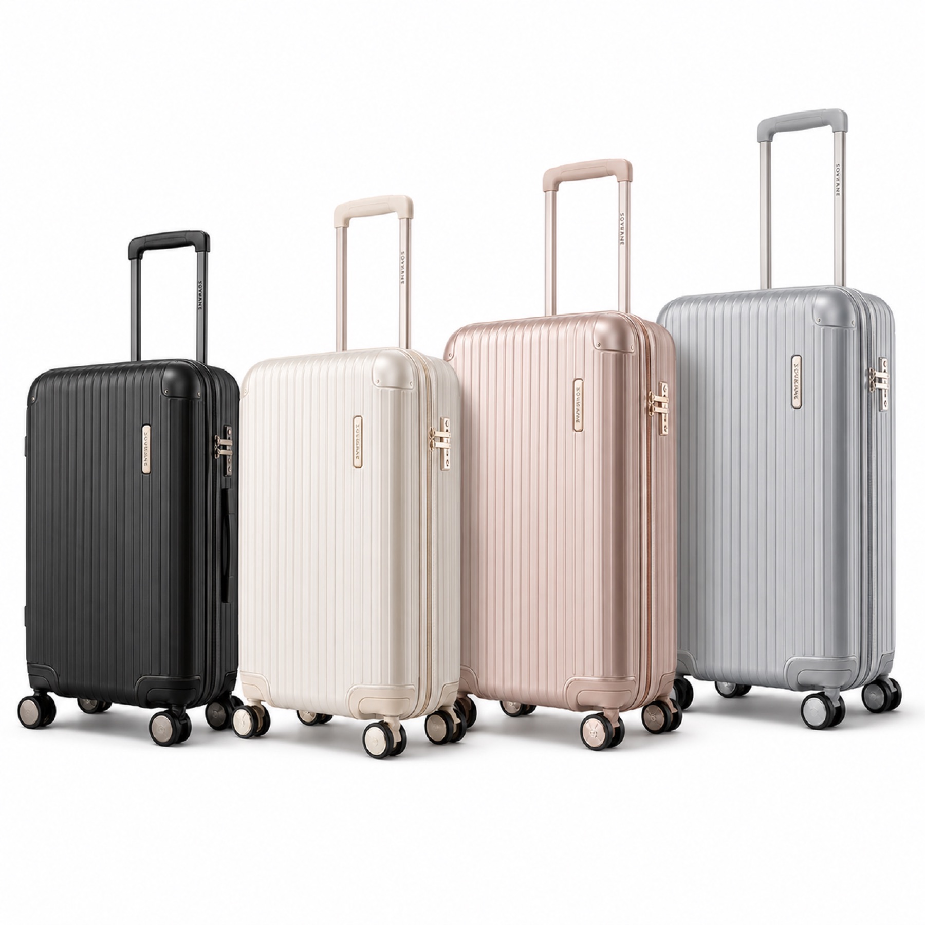 SOVRANE 序旅四只直紋硬殼登機箱，黑、象牙、玫瑰與銀色